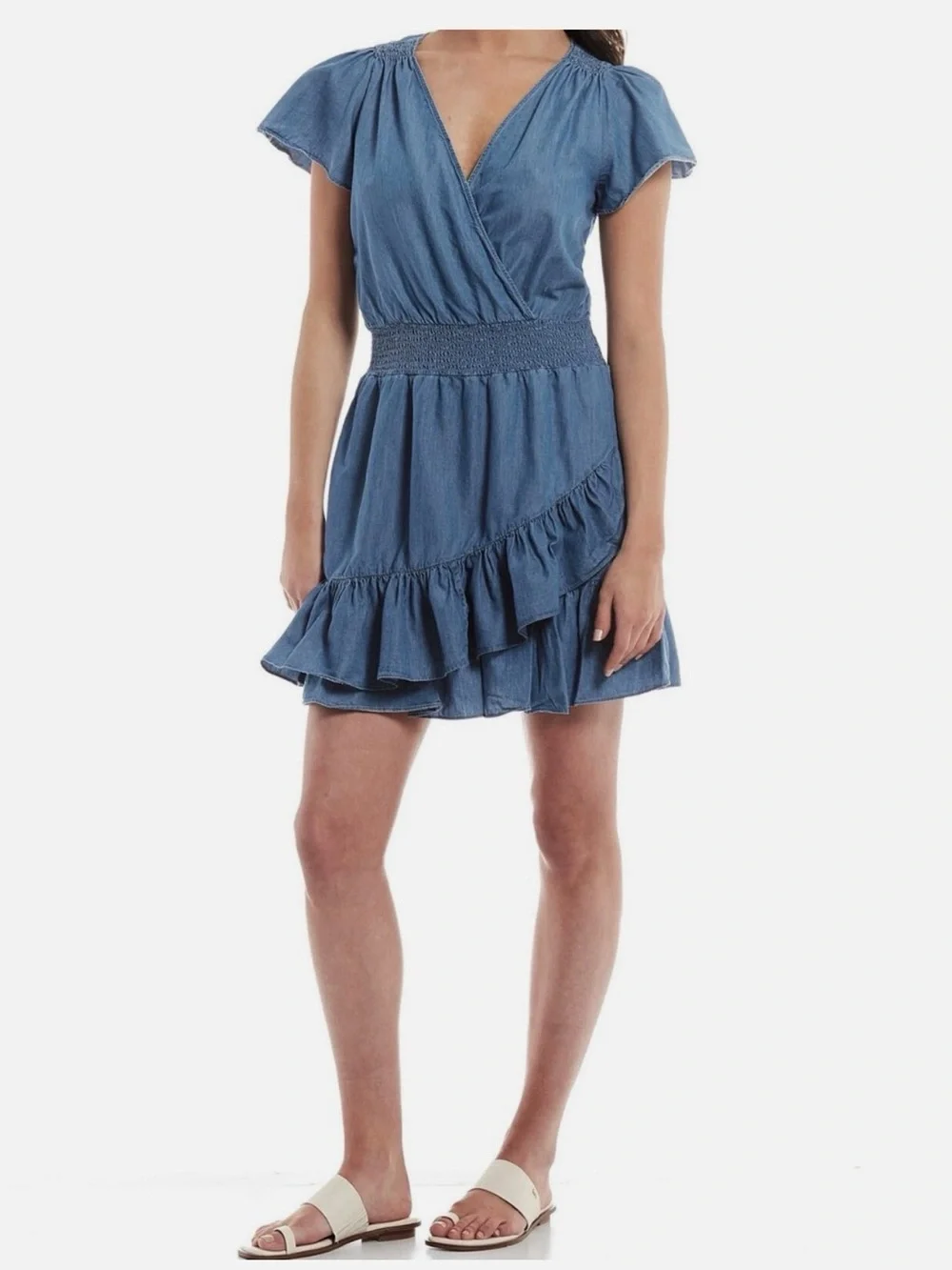 Michael Kors Blue Chambray Ruffle Wrap Mini Dress